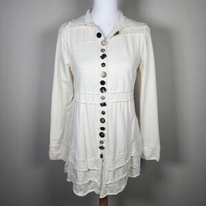 Neon Buddha In My Life Shirt Womens  XS Ruffle Romantic Poet Button Up Tunic Top